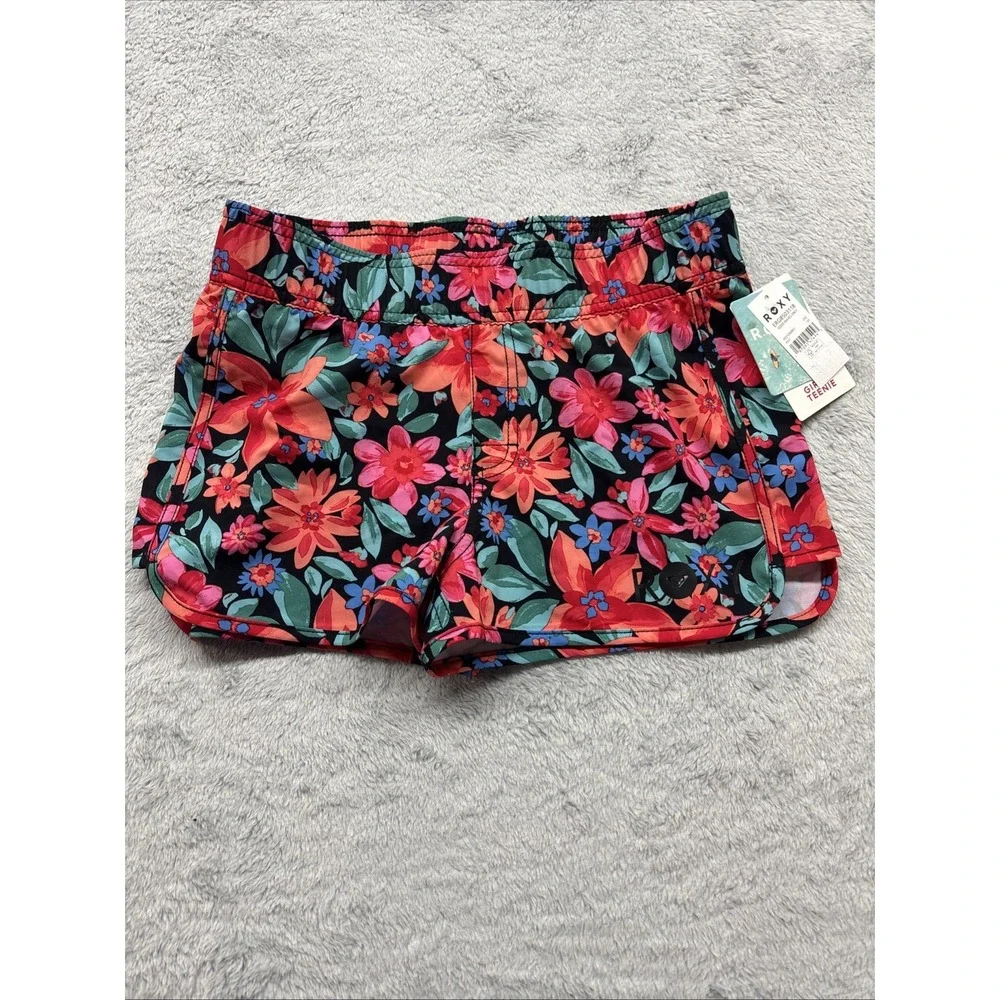 Roxy Girls Size 12 L Good Waves Only Floral Board Shorts Black Pink ERGBS03118